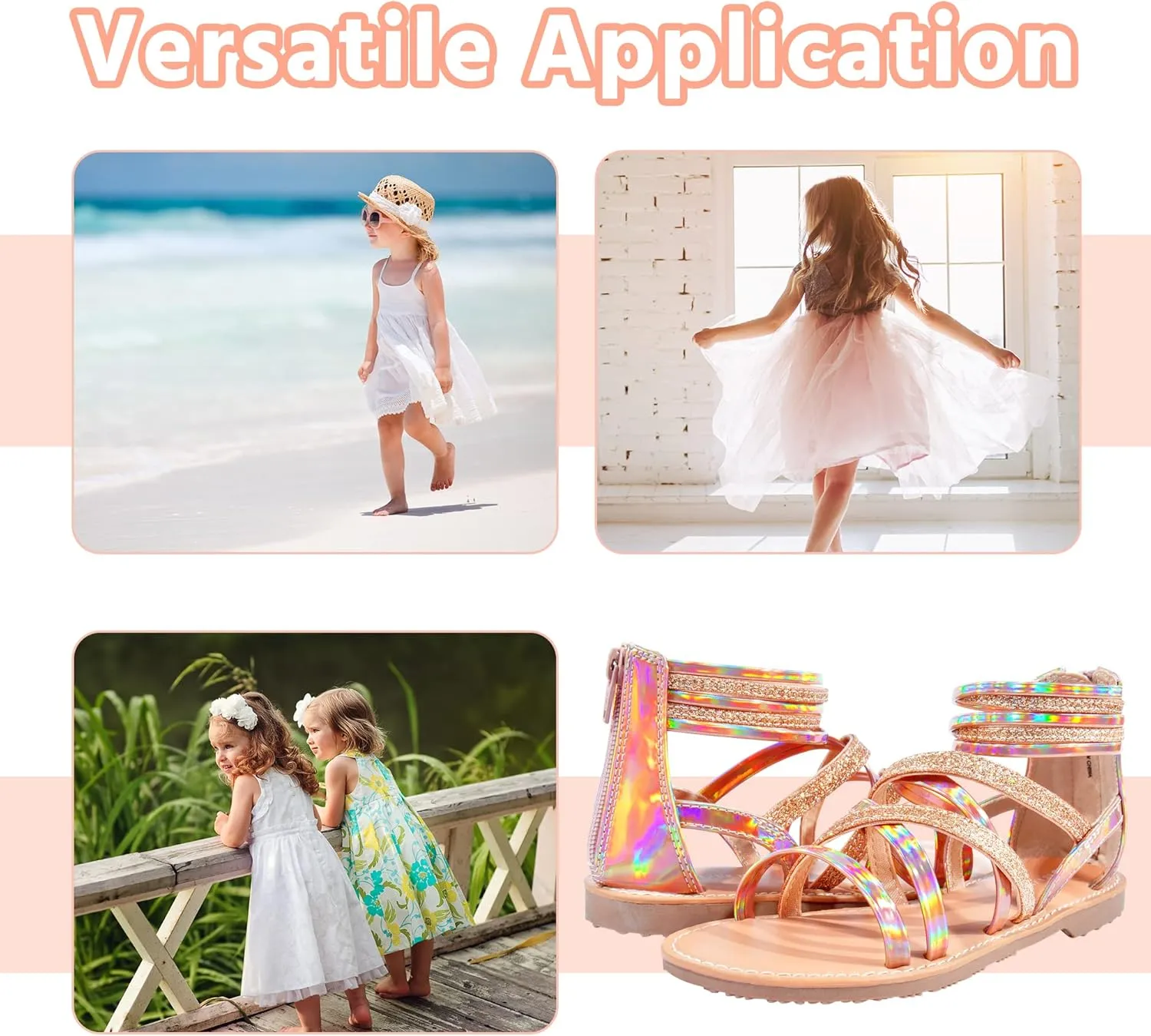 shoeslocker Girls Gladiator Sandals Summer Flat Open Toe Shimmer Shoes Strap Ankle Sandals with Back Zipper for Little Kids Big Kids