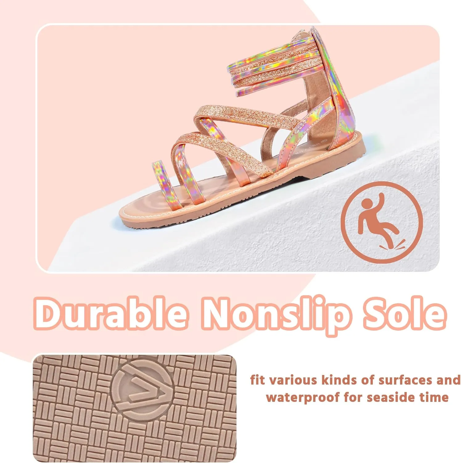shoeslocker Girls Gladiator Sandals Summer Flat Open Toe Shimmer Shoes Strap Ankle Sandals with Back Zipper for Little Kids Big Kids