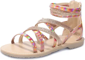 shoeslocker Girls Gladiator Sandals Summer Flat Open Toe Shimmer Shoes Strap Ankle Sandals with Back Zipper for Little Kids Big Kids