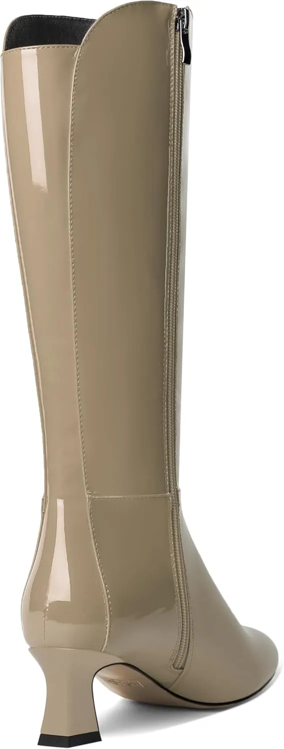 SHOWFOREST Womens Patent Dress Zip Dating Round Toe Kitten Low Heel Mid Calf Boots 2 Inch
