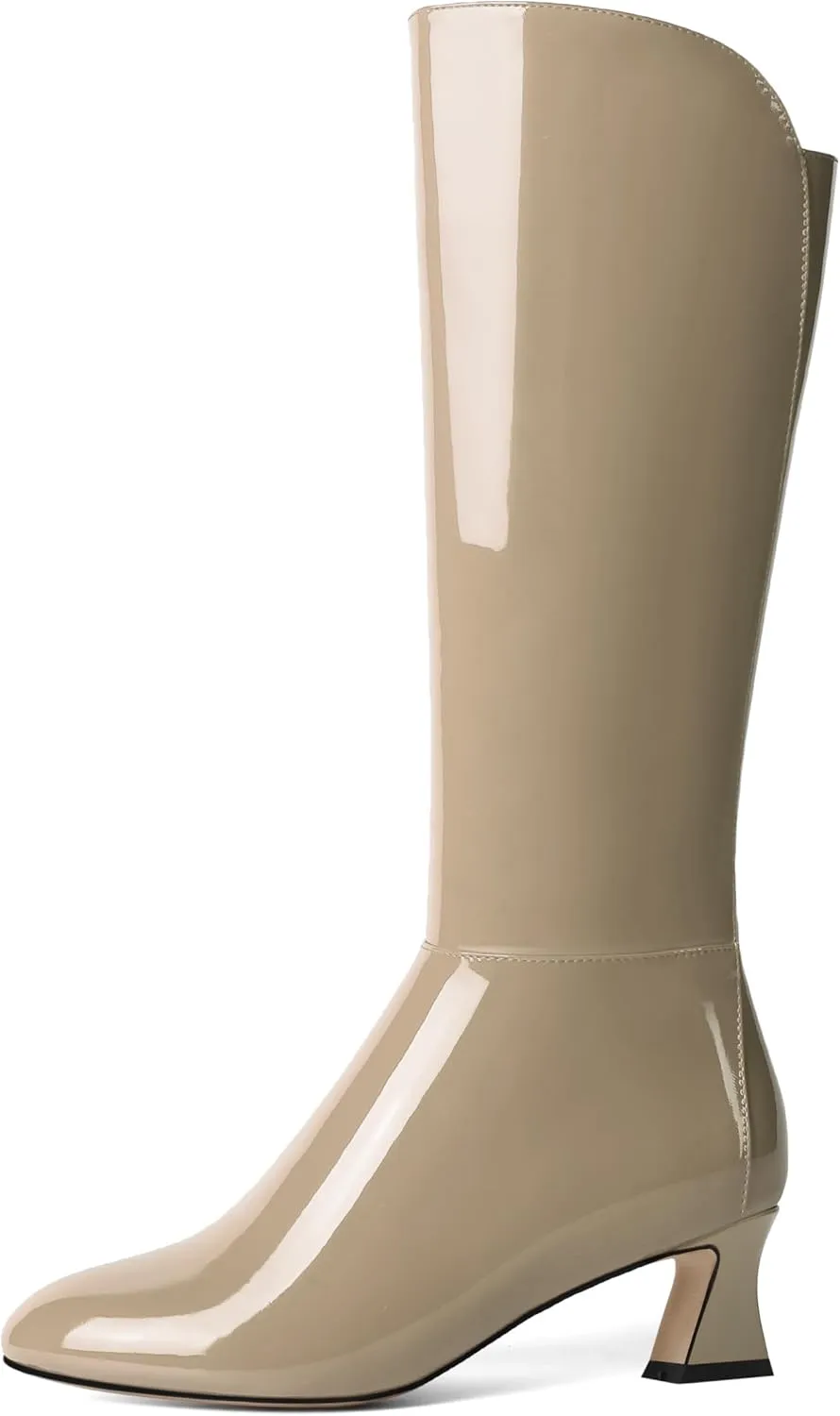 SHOWFOREST Womens Patent Dress Zip Dating Round Toe Kitten Low Heel Mid Calf Boots 2 Inch