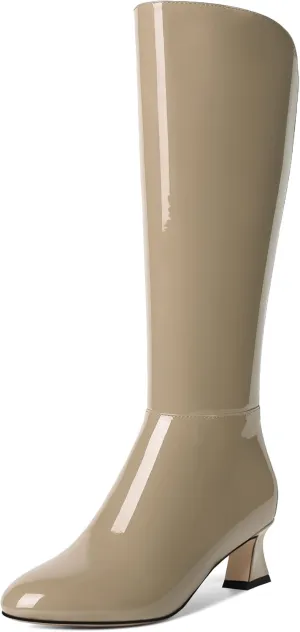 SHOWFOREST Womens Patent Dress Zip Dating Round Toe Kitten Low Heel Mid Calf Boots 2 Inch