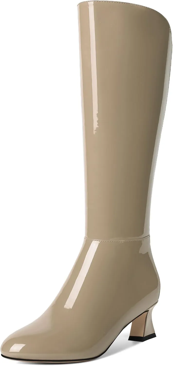 SHOWFOREST Womens Patent Dress Zip Dating Round Toe Kitten Low Heel Mid Calf Boots 2 Inch
