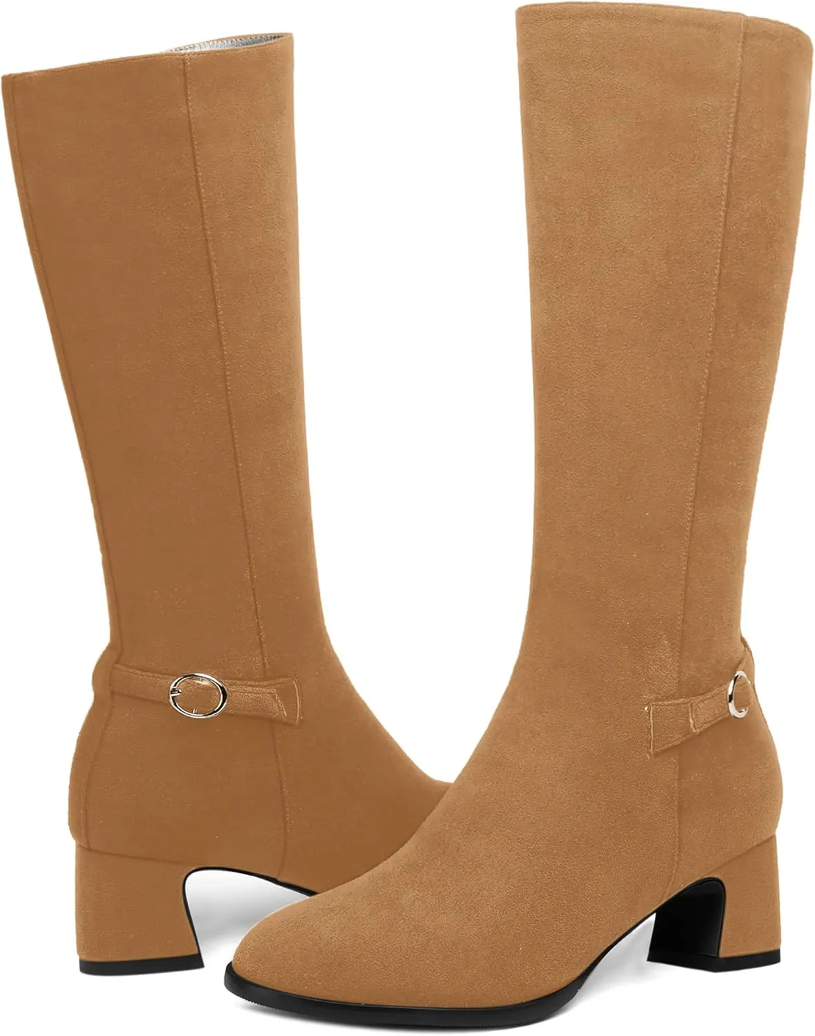 SHOWFOREST Womens Zip Suede Solid Outdoor Round Toe Sexy Chunky Low Heel Mid Calf Boots 2 Inch