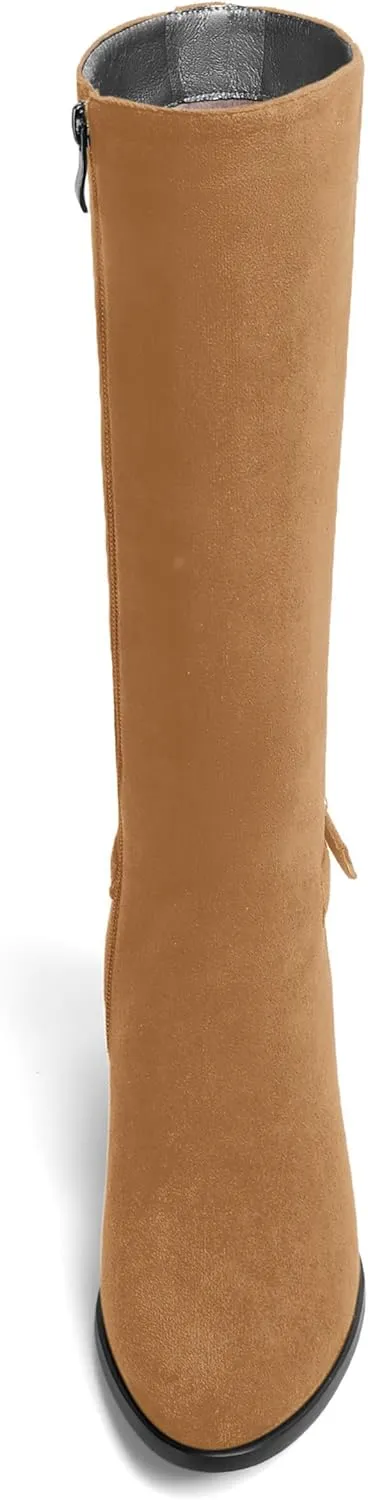 SHOWFOREST Womens Zip Suede Solid Outdoor Round Toe Sexy Chunky Low Heel Mid Calf Boots 2 Inch