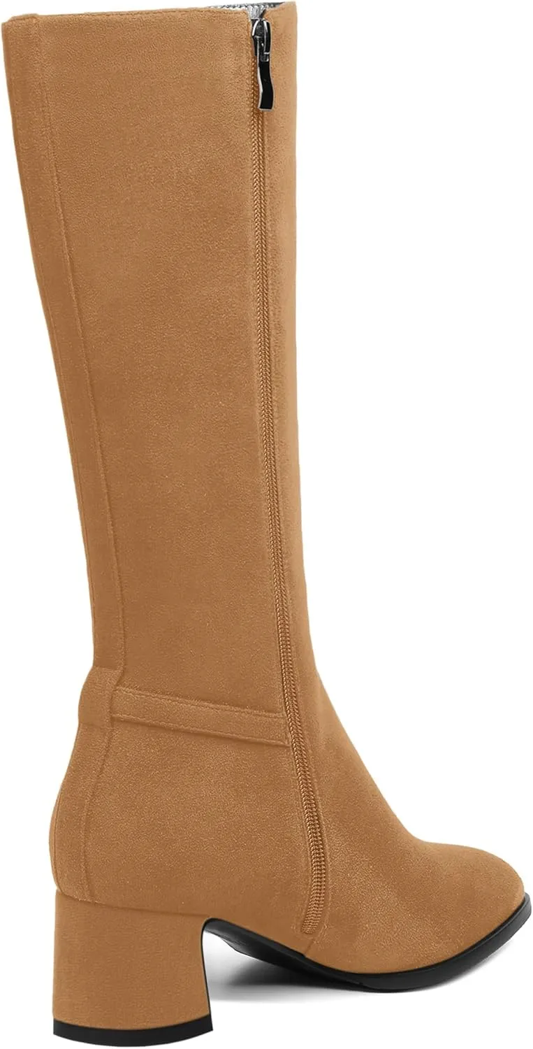 SHOWFOREST Womens Zip Suede Solid Outdoor Round Toe Sexy Chunky Low Heel Mid Calf Boots 2 Inch