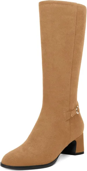 SHOWFOREST Womens Zip Suede Solid Outdoor Round Toe Sexy Chunky Low Heel Mid Calf Boots 2 Inch