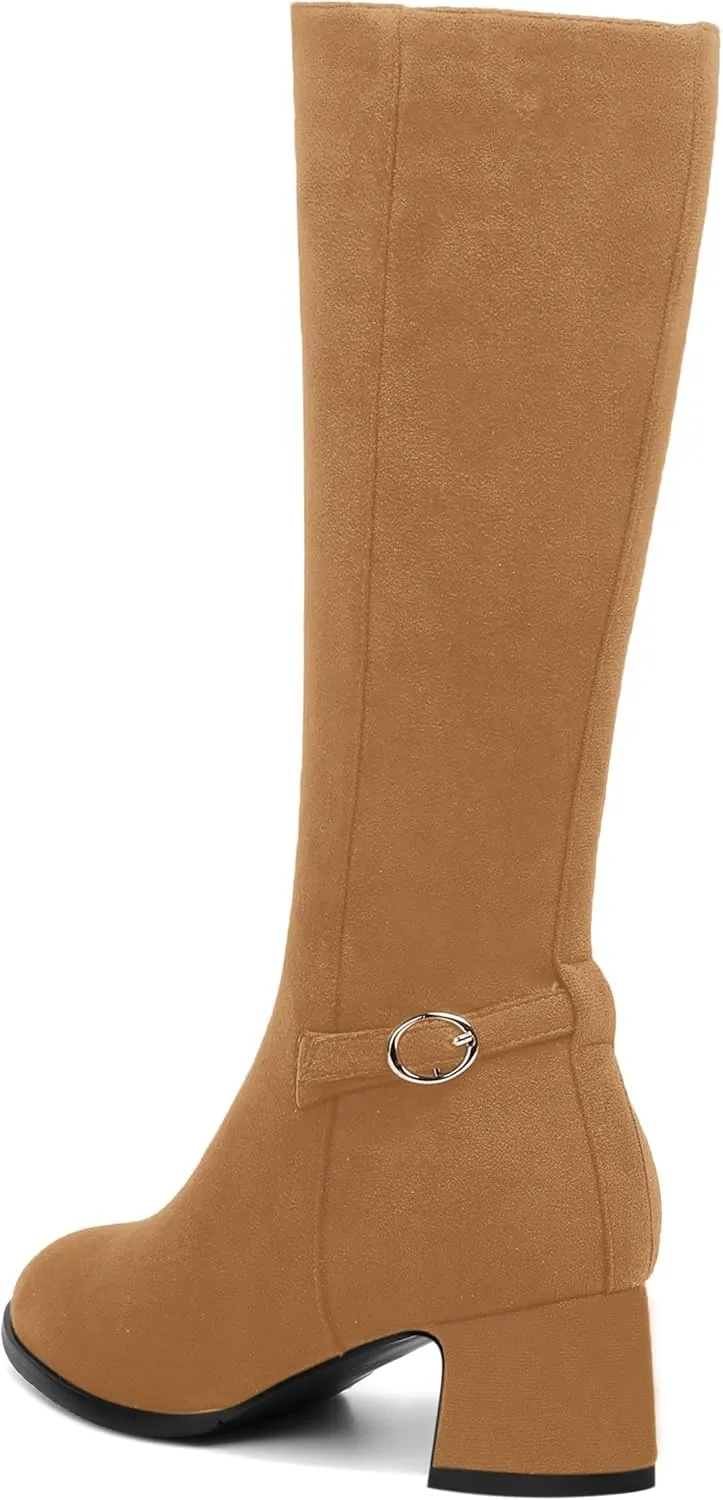 SHOWFOREST Womens Zip Suede Solid Outdoor Round Toe Sexy Chunky Low Heel Mid Calf Boots 2 Inch