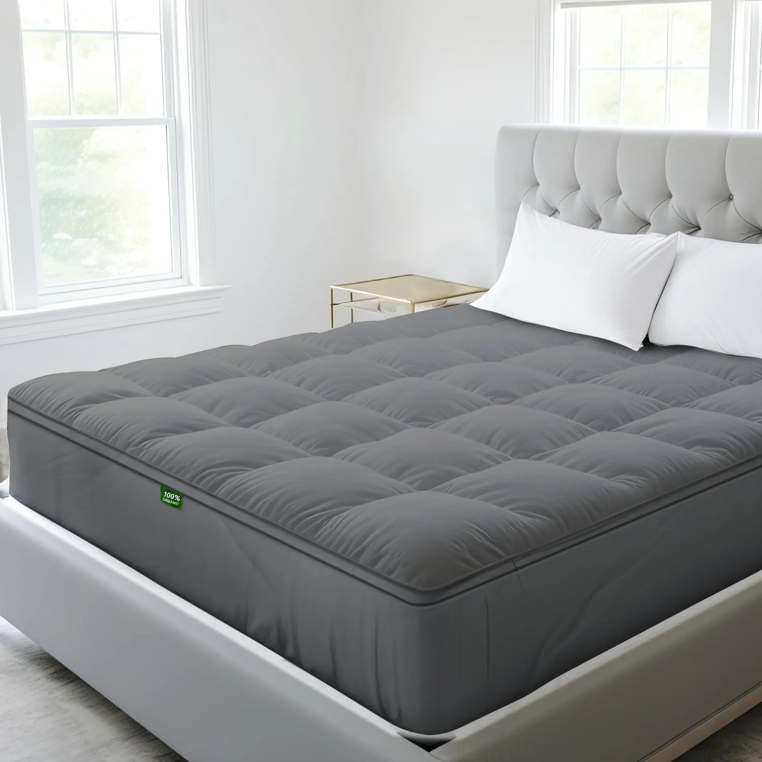 Sleep Mantra 100% Cotton Mattress Topper Full Size - Premium Wrap-Around Cooling Topper Fits up to 20-Inch Mattress - Extra Soft, Deep Pocket, Breathable & Plush Quilted Down Fill (Gray)