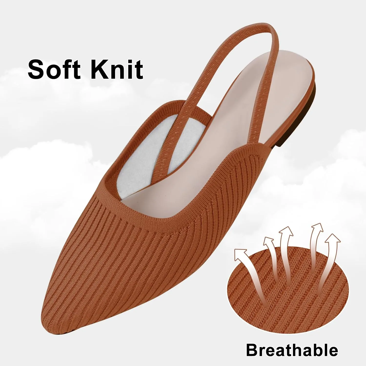 Slingback Flats for Women Pointed Toe Flats Breathable Knit Comfortable Dressy Casual for Work Office Slip on Ballet Flats