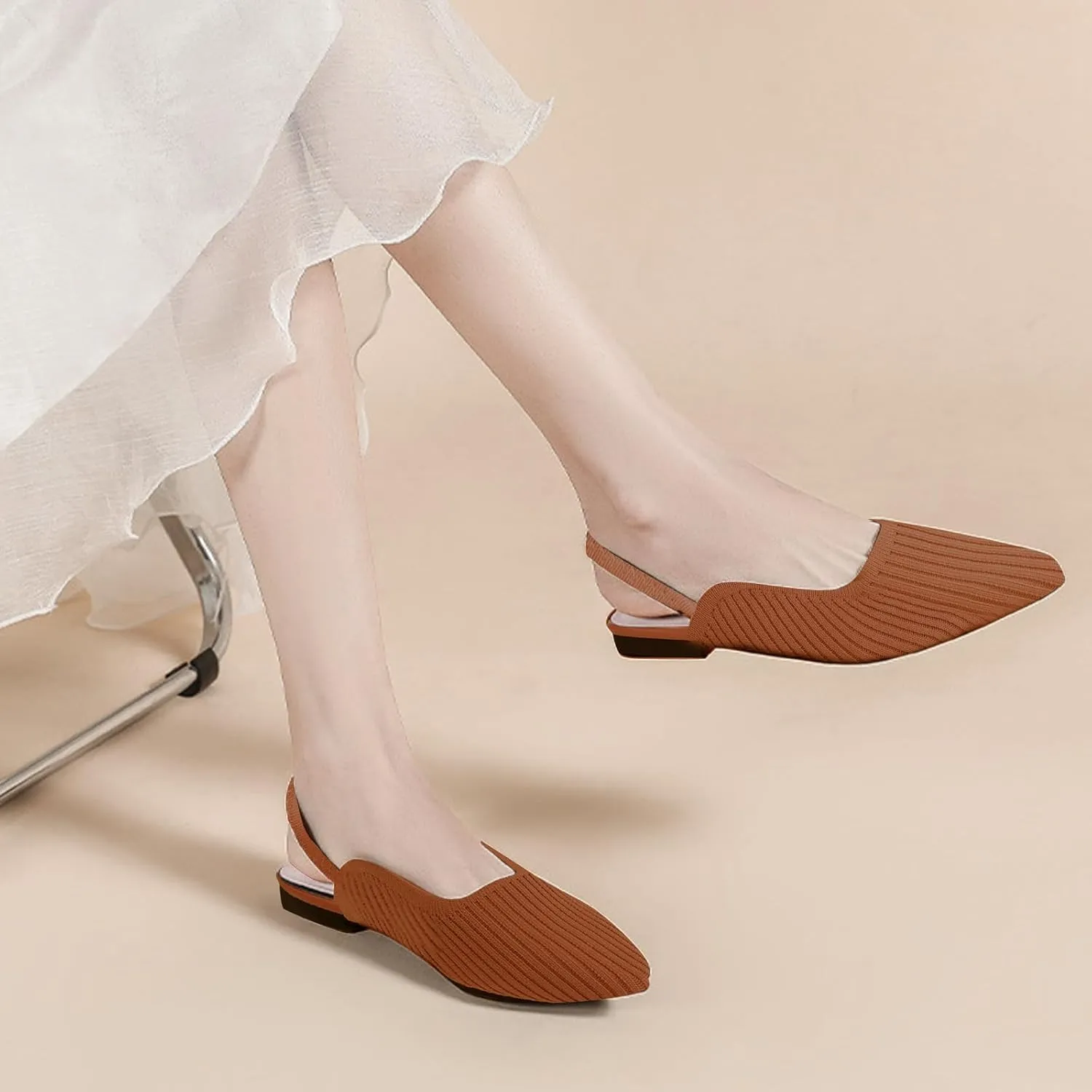 Slingback Flats for Women Pointed Toe Flats Breathable Knit Comfortable Dressy Casual for Work Office Slip on Ballet Flats