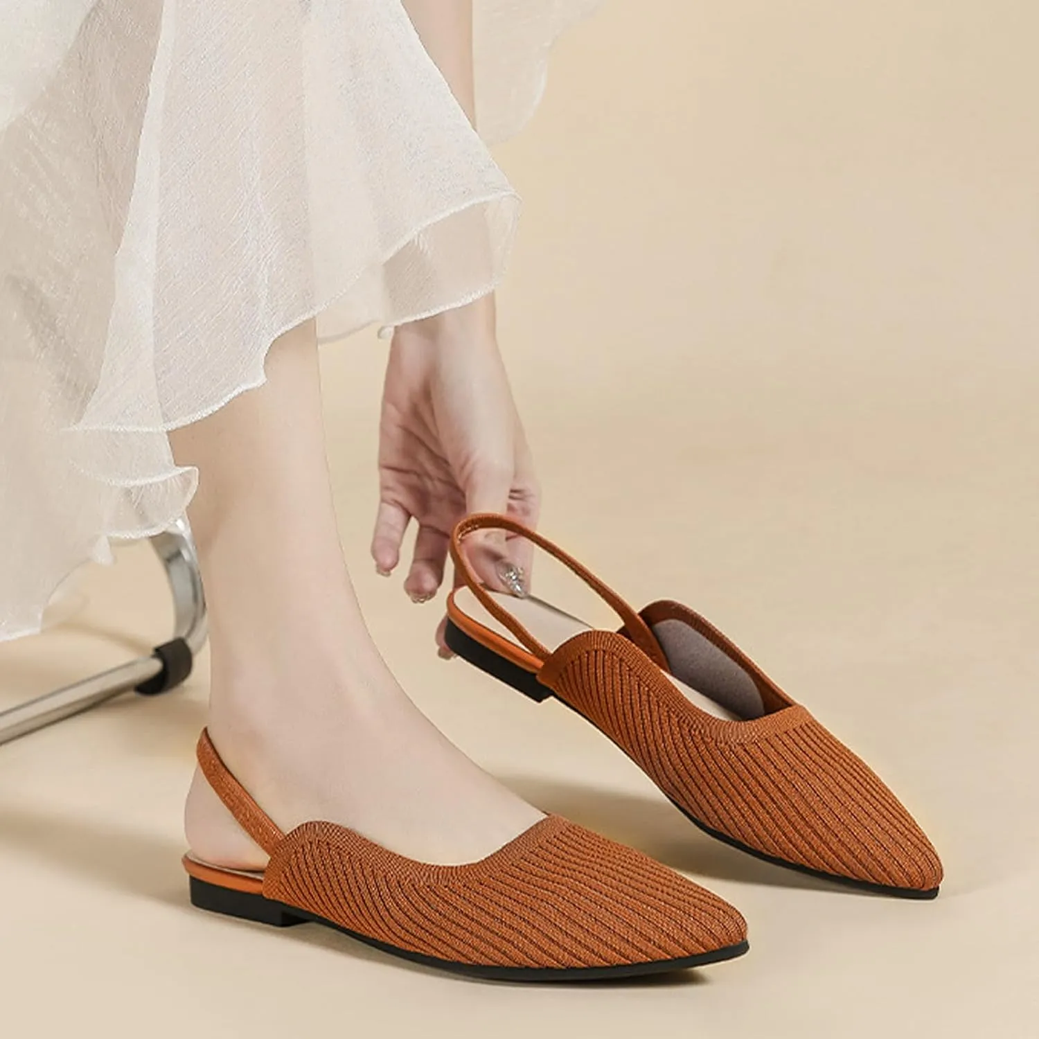 Slingback Flats for Women Pointed Toe Flats Breathable Knit Comfortable Dressy Casual for Work Office Slip on Ballet Flats