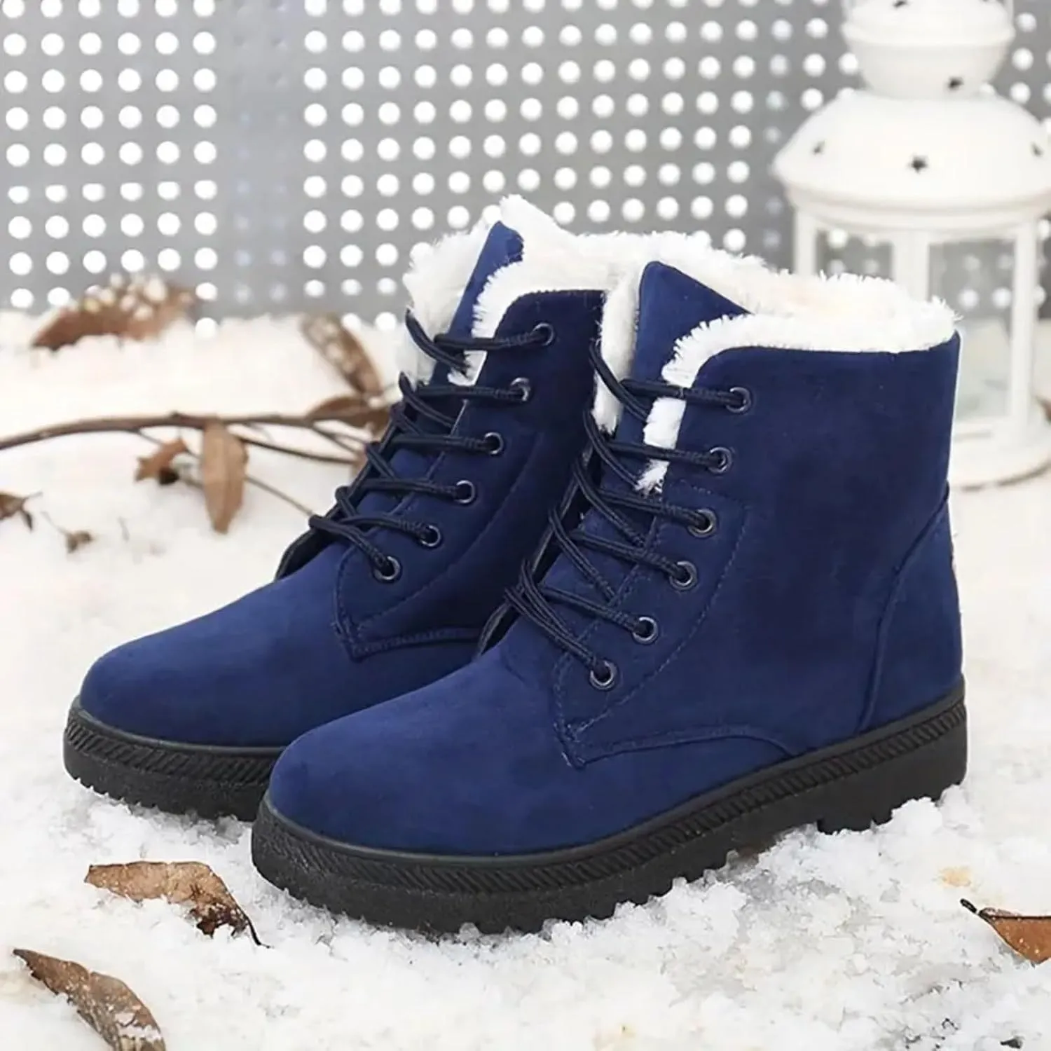 Snow Boots For Women Waterproof Platform Boots for Women Chunky Heel Warm Round Toe Lace Up Flat Short Snow Boots