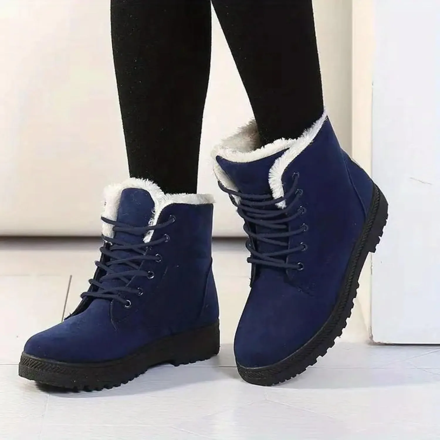 Snow Boots For Women Waterproof Platform Boots for Women Chunky Heel Warm Round Toe Lace Up Flat Short Snow Boots