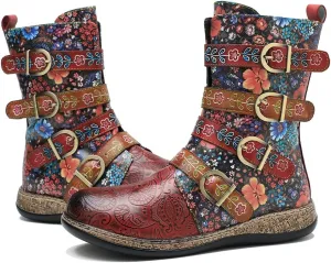 Socofy Leather Mid Calf Omaha Winter qual Boots for Women - Outdoor Florida Pattern Round toe Flat Casual anti slipping, Vintage Zip Comfort Walking