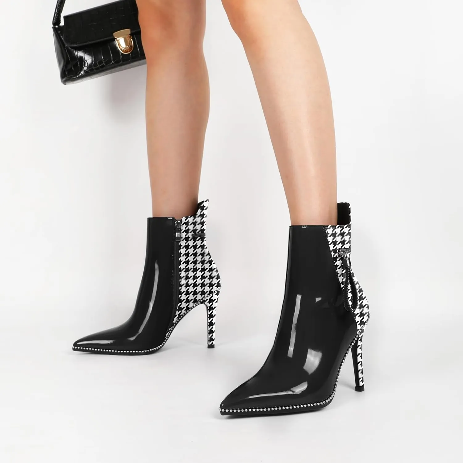 Soireelady Women Ankle Boots High Heel Boots Pointed Toe Stilettos Booties Beaded Short Boots Side Zipper 4 Inch