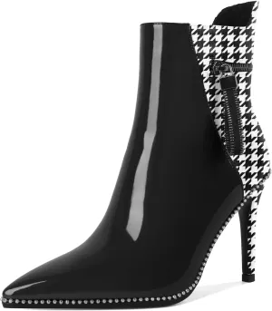 Soireelady Women Ankle Boots High Heel Boots Pointed Toe Stilettos Booties Beaded Short Boots Side Zipper 4 Inch
