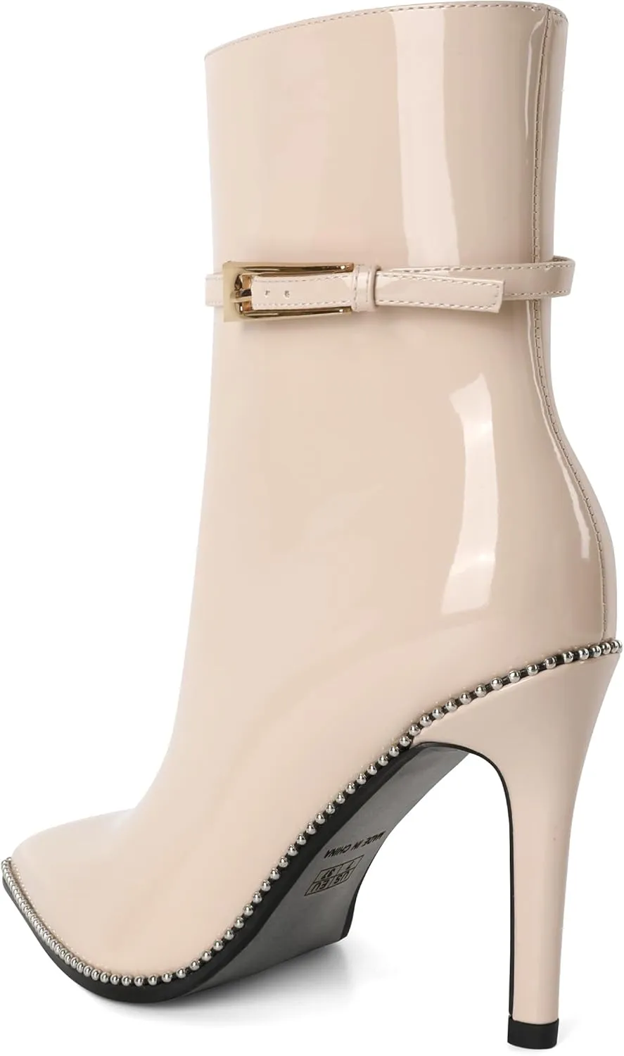 Soireelady Womens Ankle Boots Pointed Toe High Heel Boots Beaded Stilettos Booties Short Boots with Metal Buckle Side Zipper Boot 4 Inch
