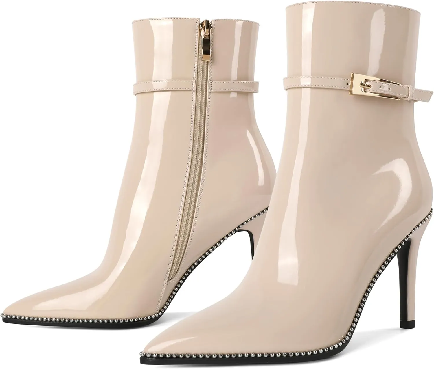Soireelady Womens Ankle Boots Pointed Toe High Heel Boots Beaded Stilettos Booties Short Boots with Metal Buckle Side Zipper Boot 4 Inch