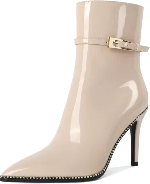 Soireelady Womens Ankle Boots Pointed Toe High Heel Boots Beaded Stilettos Booties Short Boots with Metal Buckle Side Zipper Boot 4 Inch