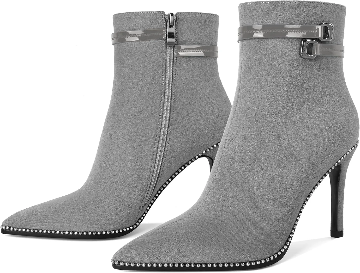Soireelady Womens Ankle Boots Pointed Toe Thin High Heel Boots Beaded Stilettos Booties Short Boots with Metal Buckle Side Zipper Boot 4 Inch