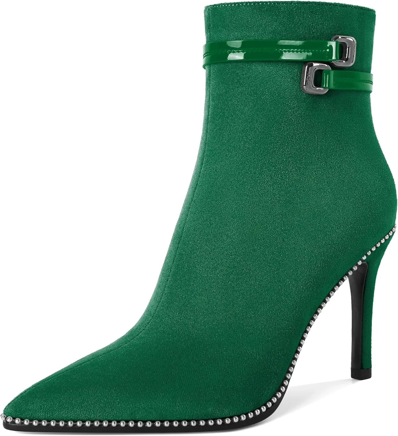 Soireelady Womens Ankle Boots Pointed Toe Thin High Heel Boots Beaded Stilettos Booties Short Boots with Metal Buckle Side Zipper Boot 4 Inch