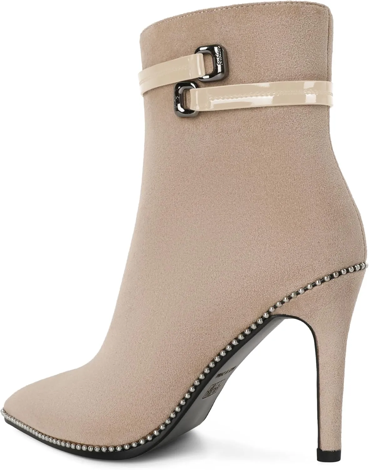 Soireelady Womens Ankle Boots Pointed Toe Thin High Heel Boots Beaded Stilettos Booties Short Boots with Metal Buckle Side Zipper Boot 4 Inch