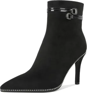Soireelady Womens Ankle Boots Pointed Toe Thin High Heel Boots Beaded Stilettos Booties Short Boots with Metal Buckle Side Zipper Boot 4 Inch