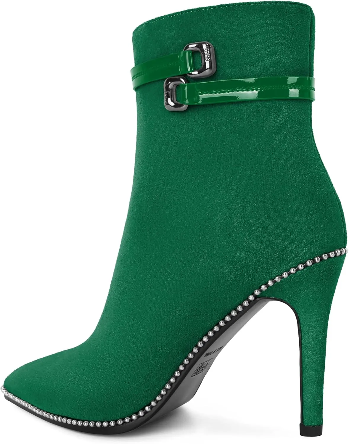 Soireelady Womens Ankle Boots Pointed Toe Thin High Heel Boots Beaded Stilettos Booties Short Boots with Metal Buckle Side Zipper Boot 4 Inch