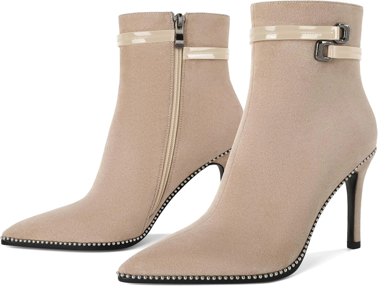 Soireelady Womens Ankle Boots Pointed Toe Thin High Heel Boots Beaded Stilettos Booties Short Boots with Metal Buckle Side Zipper Boot 4 Inch