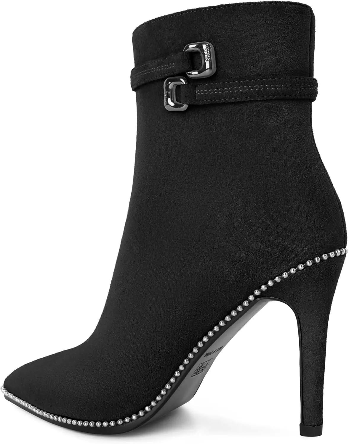 Soireelady Womens Ankle Boots Pointed Toe Thin High Heel Boots Beaded Stilettos Booties Short Boots with Metal Buckle Side Zipper Boot 4 Inch