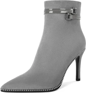 Soireelady Womens Ankle Boots Pointed Toe Thin High Heel Boots Beaded Stilettos Booties Short Boots with Metal Buckle Side Zipper Boot 4 Inch