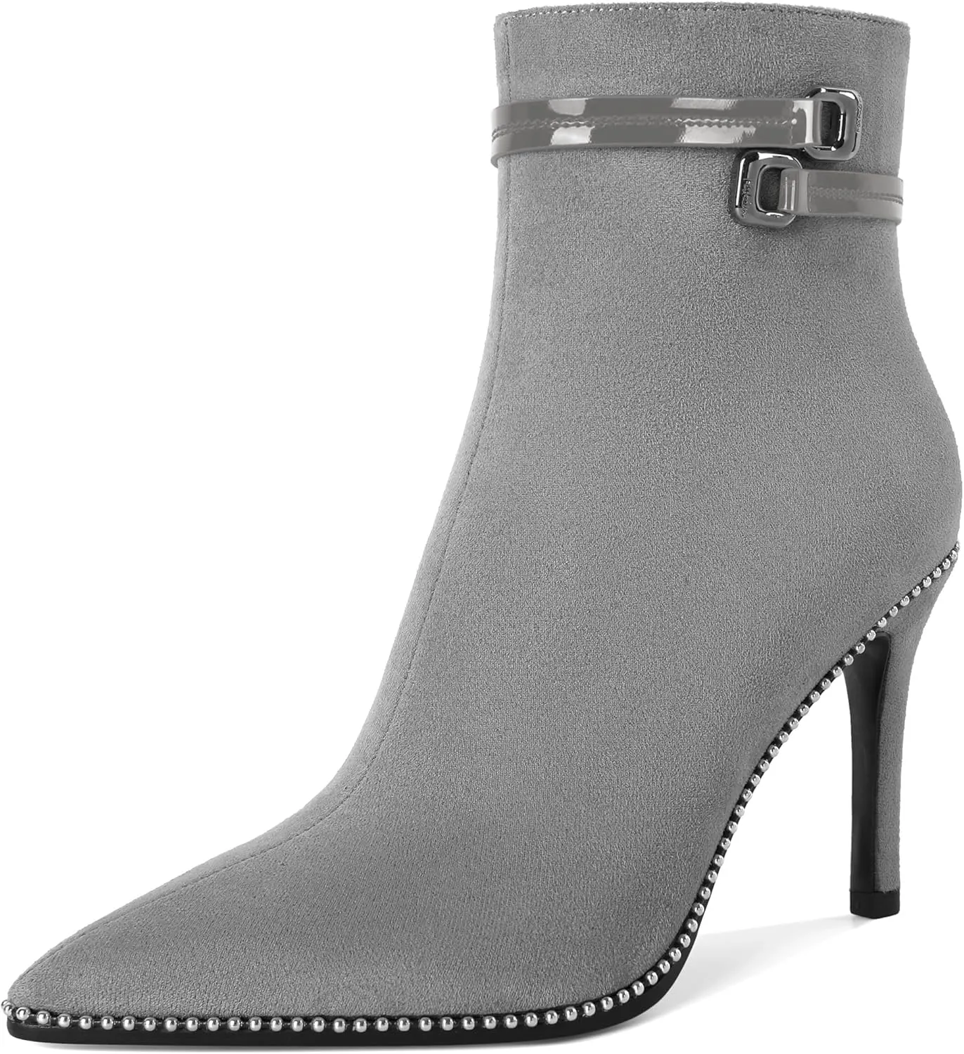 Soireelady Womens Ankle Boots Pointed Toe Thin High Heel Boots Beaded Stilettos Booties Short Boots with Metal Buckle Side Zipper Boot 4 Inch