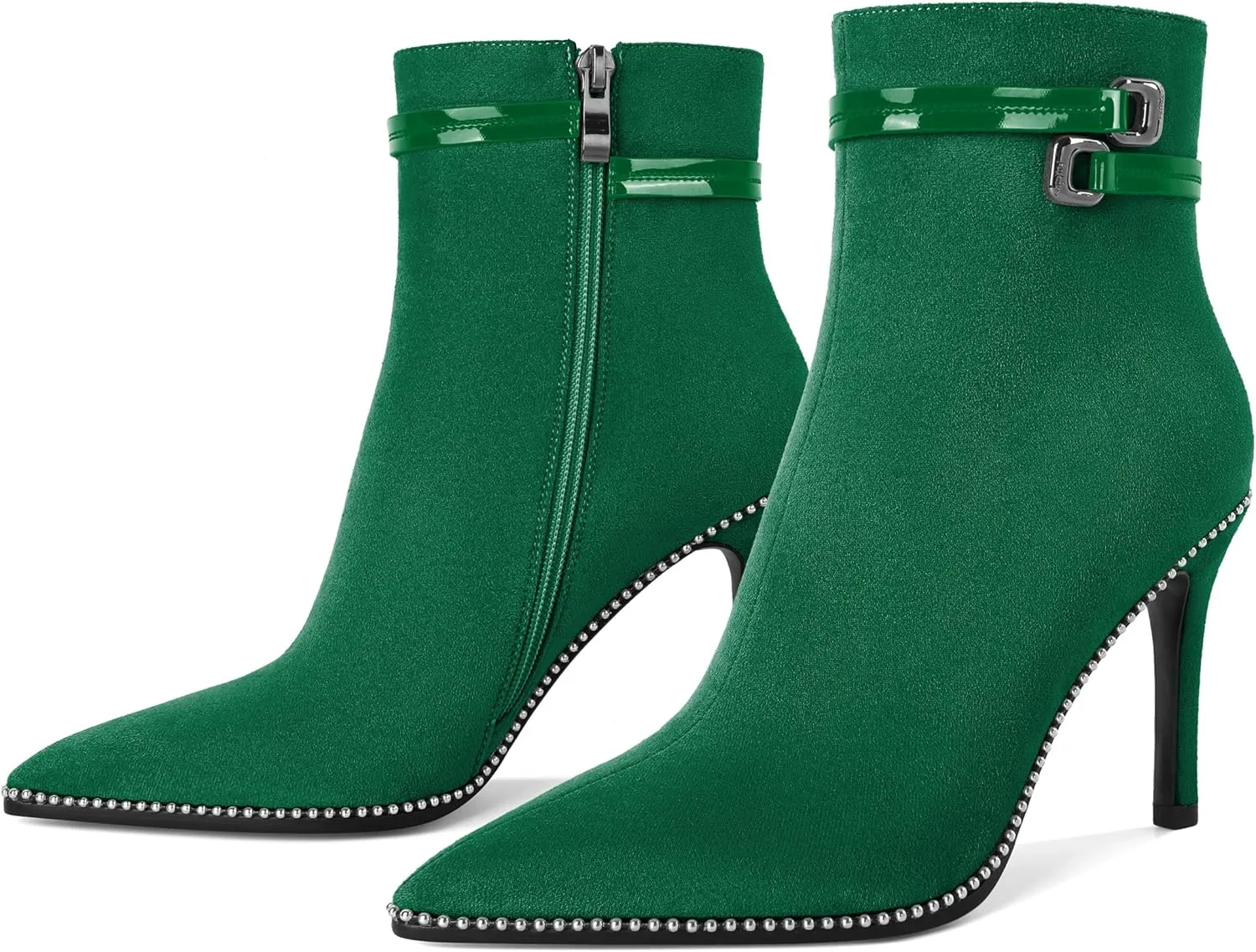 Soireelady Womens Ankle Boots Pointed Toe Thin High Heel Boots Beaded Stilettos Booties Short Boots with Metal Buckle Side Zipper Boot 4 Inch