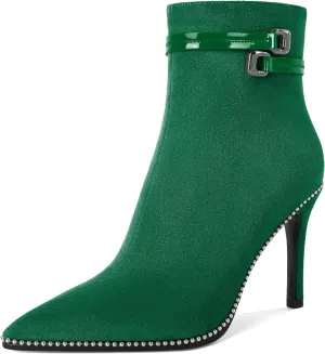 Soireelady Womens Ankle Boots Pointed Toe Thin High Heel Boots Beaded Stilettos Booties Short Boots with Metal Buckle Side Zipper Boot 4 Inch