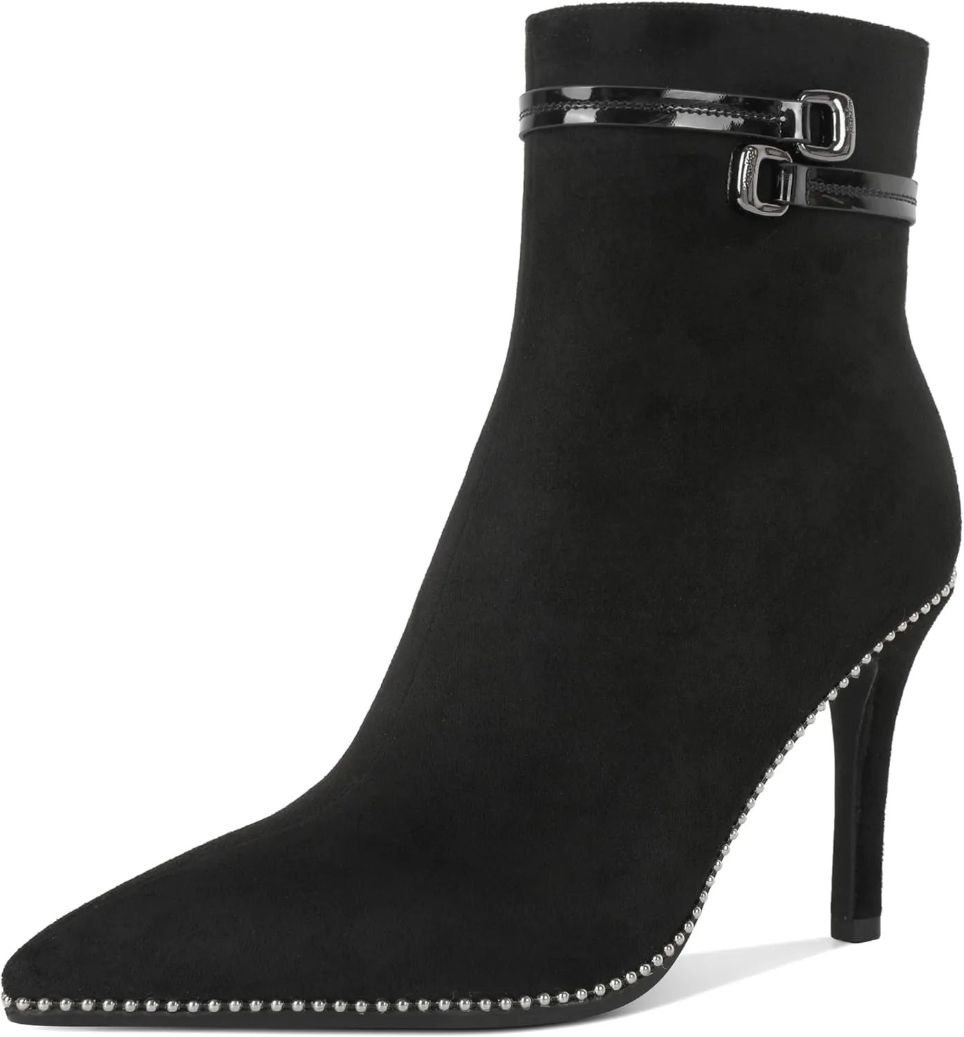 Soireelady Womens Ankle Boots Pointed Toe Thin High Heel Boots Beaded Stilettos Booties Short Boots with Metal Buckle Side Zipper Boot 4 Inch