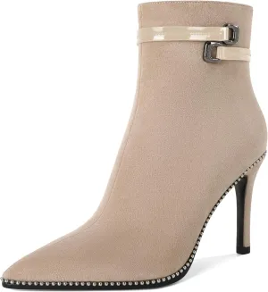 Soireelady Womens Ankle Boots Pointed Toe Thin High Heel Boots Beaded Stilettos Booties Short Boots with Metal Buckle Side Zipper Boot 4 Inch