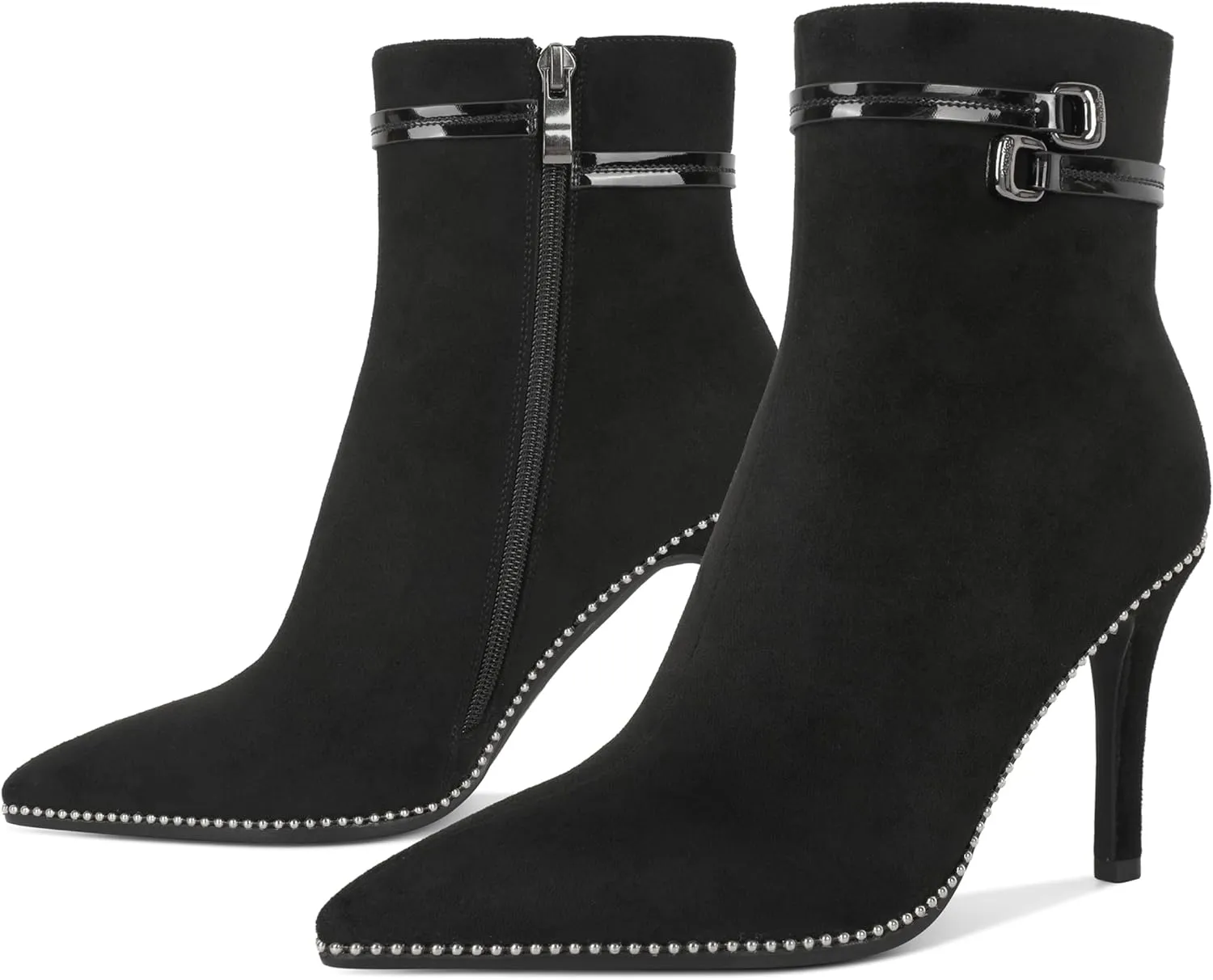 Soireelady Womens Ankle Boots Pointed Toe Thin High Heel Boots Beaded Stilettos Booties Short Boots with Metal Buckle Side Zipper Boot 4 Inch