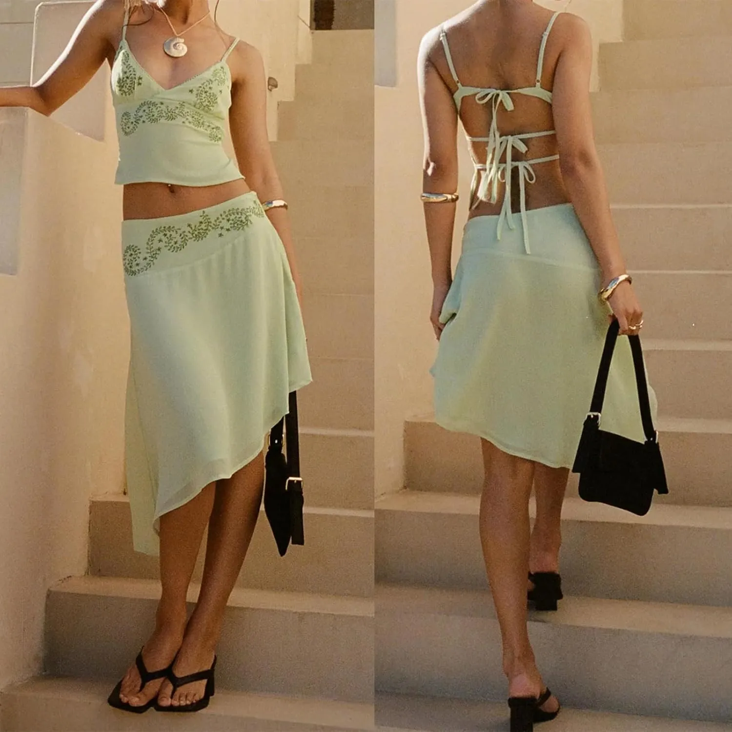 SOLILOQUY Women 2 Piece Skirt Outfit Boho Floral Spaghetti Strap Backless Cami Crop Top Irregular Hem Midi Skirt Beachwear