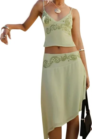 SOLILOQUY Women 2 Piece Skirt Outfit Boho Floral Spaghetti Strap Backless Cami Crop Top Irregular Hem Midi Skirt Beachwear
