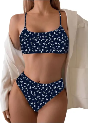 SOLY HUX Women's 2 Piece Bathing Suit Floral Print High Waisted Scoop Neck Cute Bikini Set Beachwear