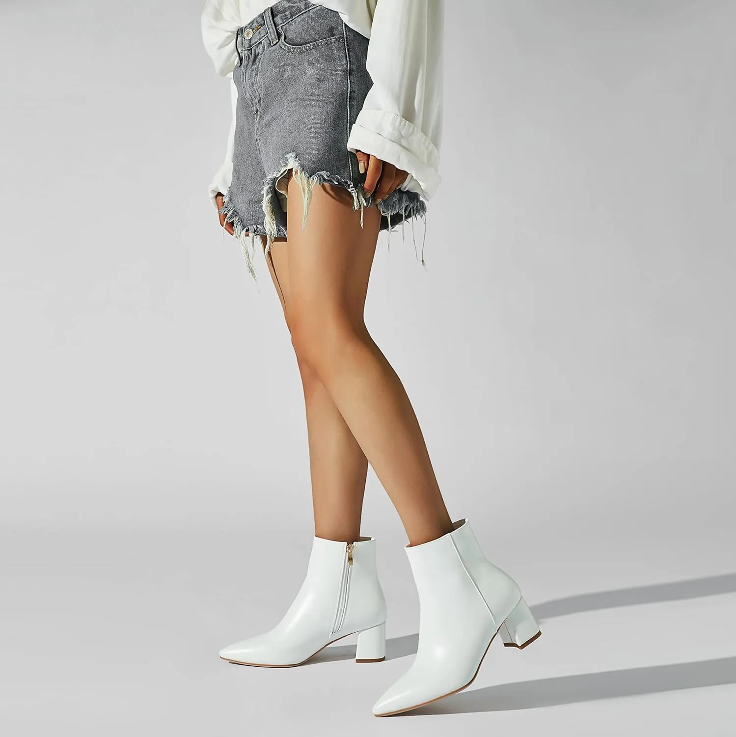 SoundSky Chunky Go Go Boots Women Pointed Toe Ankle Boots Block Heel Side Zipper High Heel Short Booties