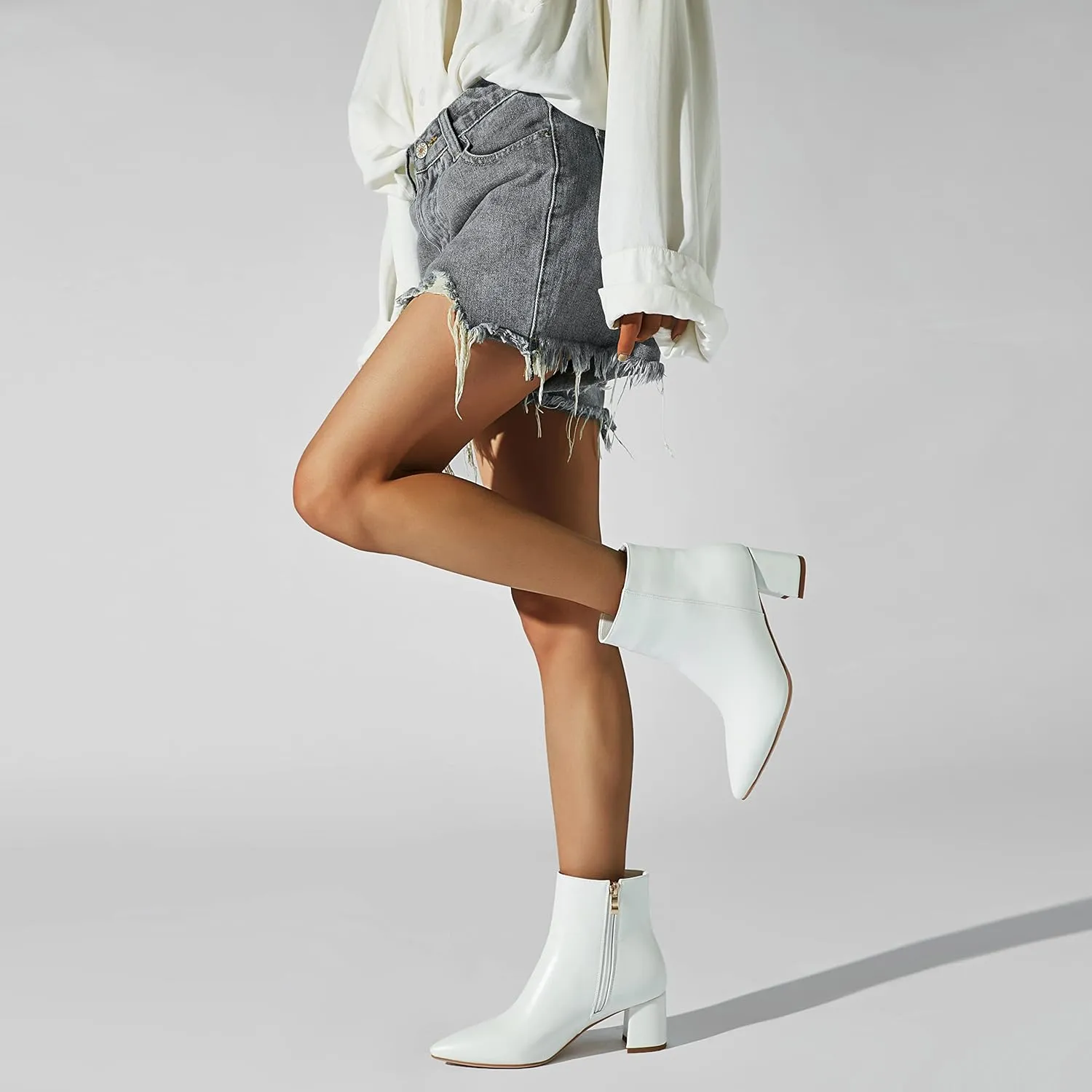 SoundSky Chunky Go Go Boots Women Pointed Toe Ankle Boots Block Heel Side Zipper High Heel Short Booties