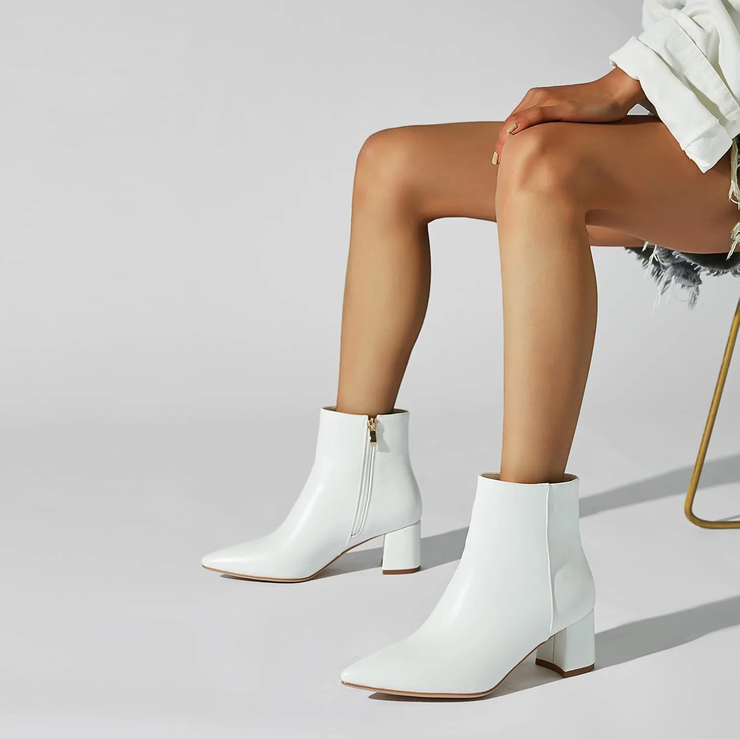 SoundSky Chunky Go Go Boots Women Pointed Toe Ankle Boots Block Heel Side Zipper High Heel Short Booties