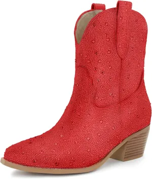 STALOV Short Cowgirl Boots for Women Embroidered Cowboy Ankle Boots,Pointed Toe Low Chunky Heel Pull On Western Stitched Boots