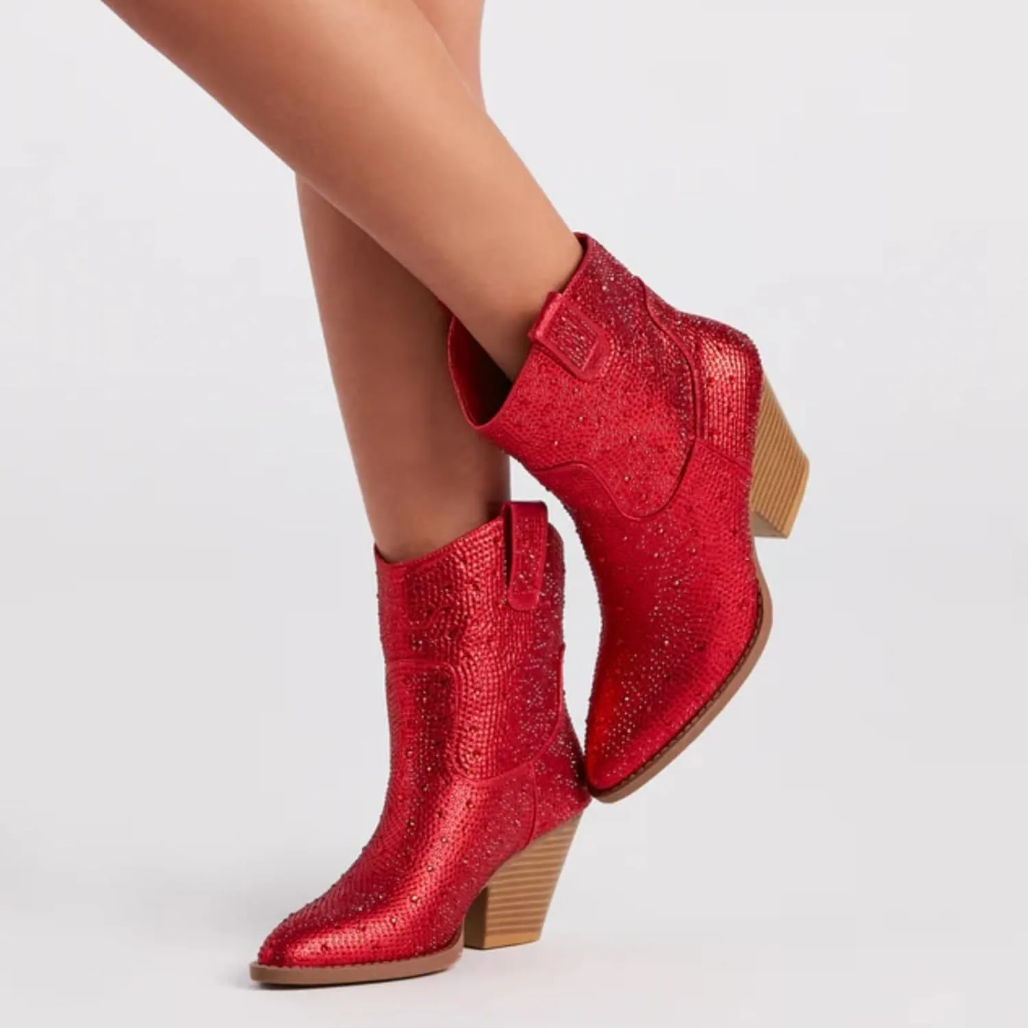 STALOV Short Cowgirl Boots for Women Embroidered Cowboy Ankle Boots,Pointed Toe Low Chunky Heel Pull On Western Stitched Boots
