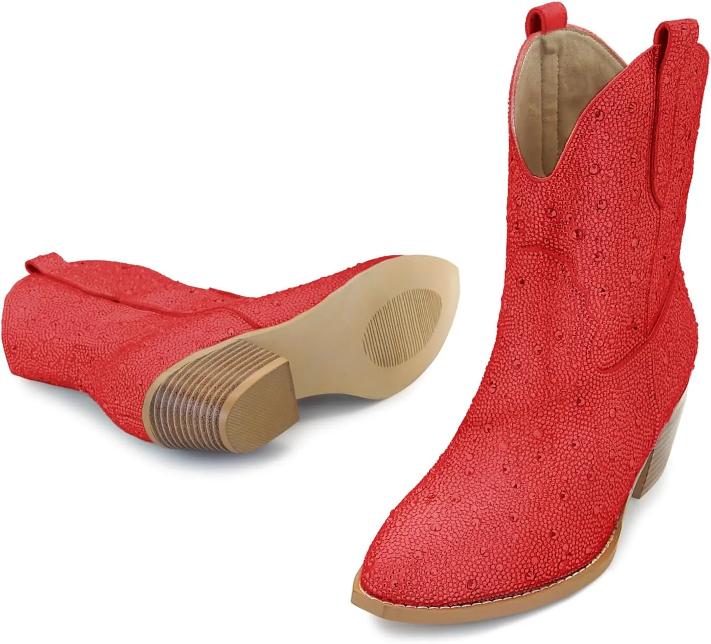 STALOV Short Cowgirl Boots for Women Embroidered Cowboy Ankle Boots,Pointed Toe Low Chunky Heel Pull On Western Stitched Boots
