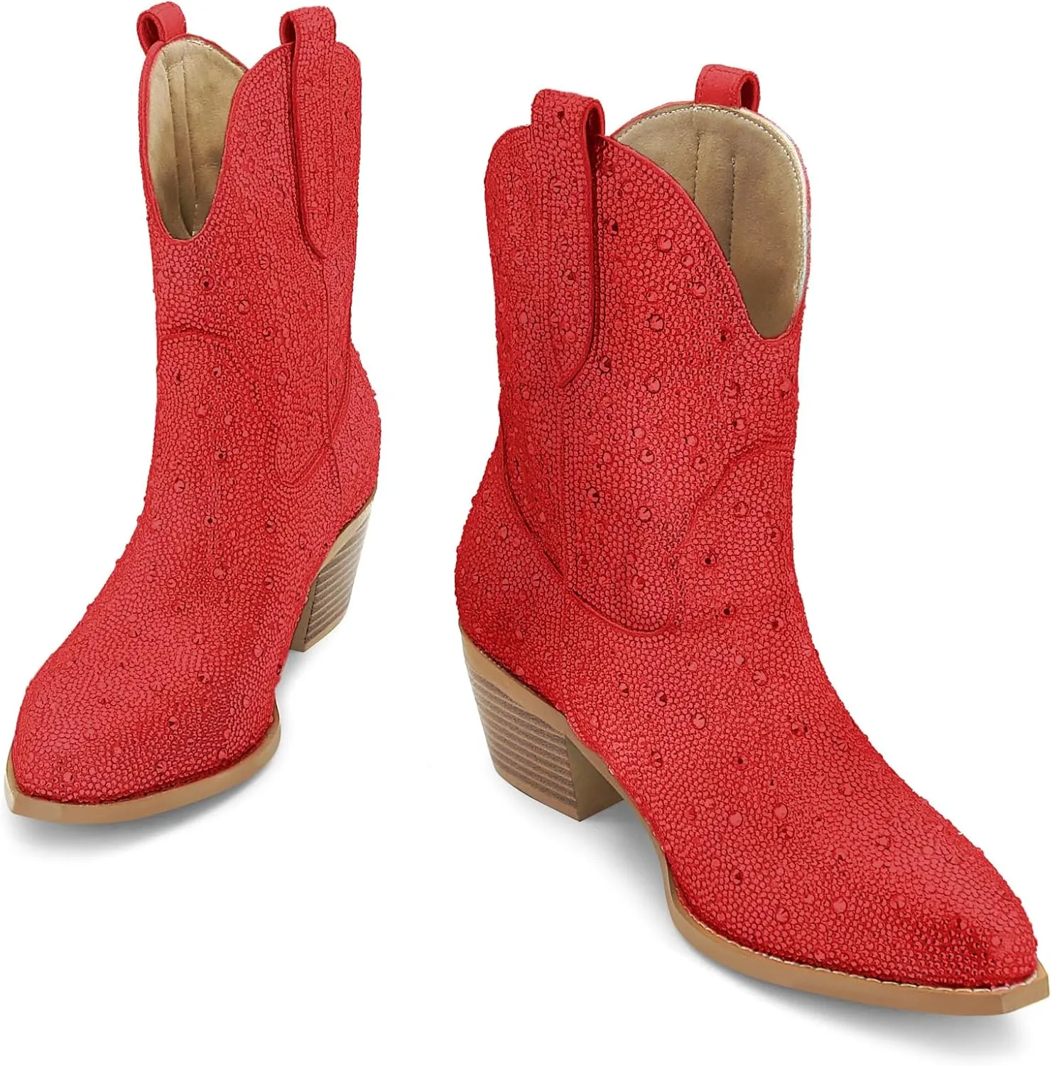 STALOV Short Cowgirl Boots for Women Embroidered Cowboy Ankle Boots,Pointed Toe Low Chunky Heel Pull On Western Stitched Boots