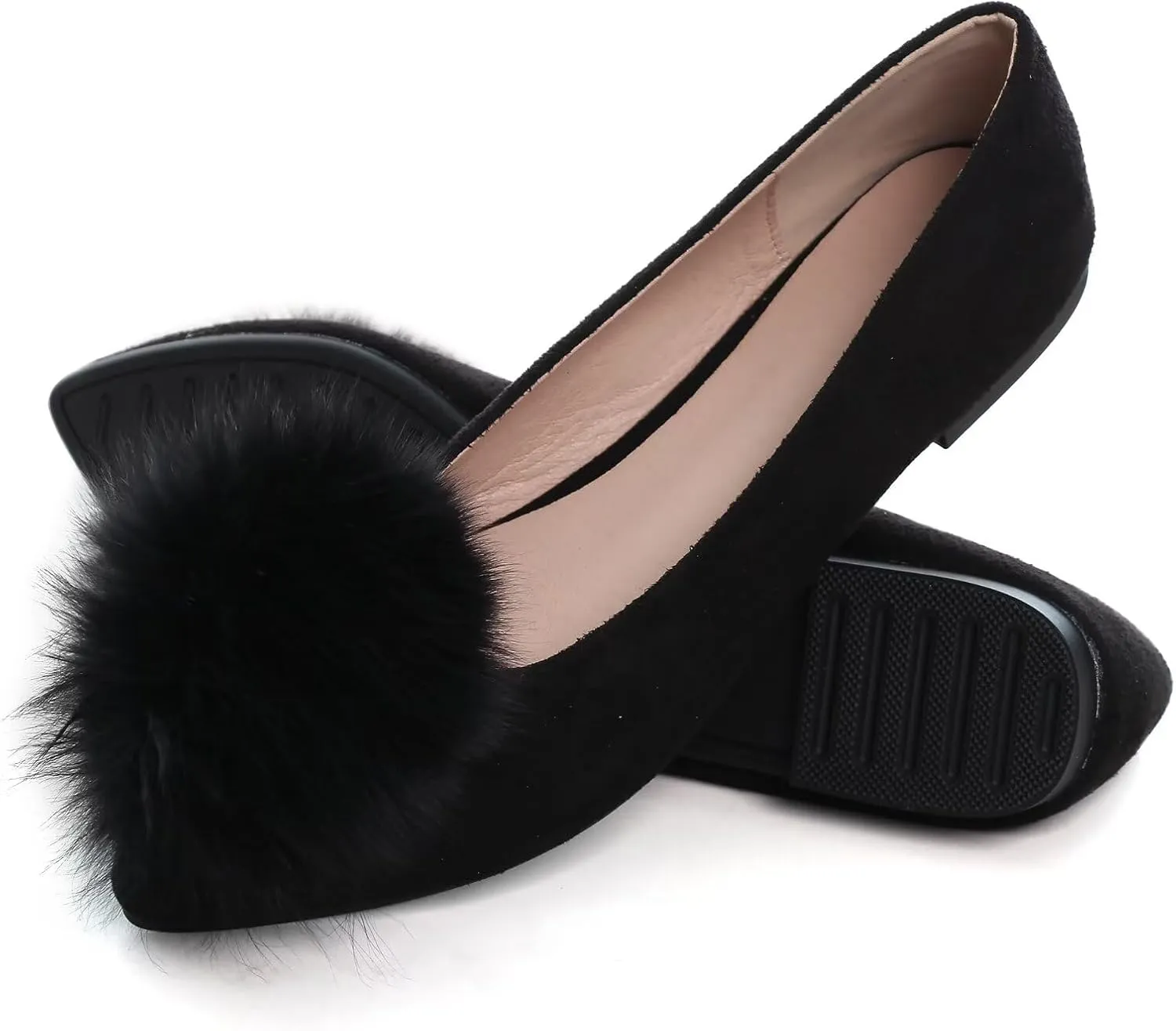 Stunner Women's Ballet Flats Fashion Pointed Toe Dress Flats Soft Suede Flat Shoes Casual Plush Ball Slip On Walking Shoes