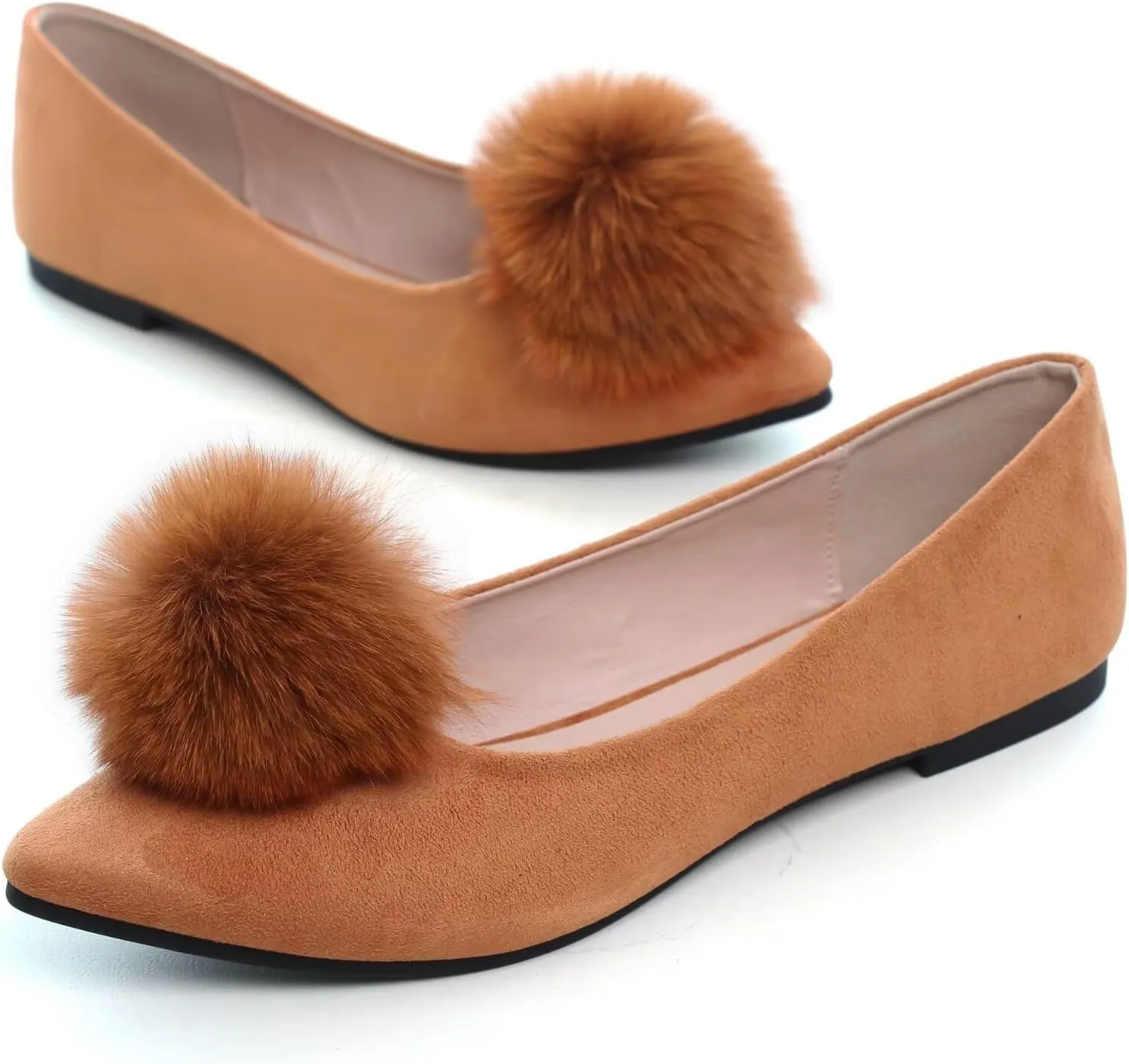 Stunner Women's Ballet Flats Fashion Pointed Toe Dress Flats Soft Suede Flat Shoes Casual Plush Ball Slip On Walking Shoes